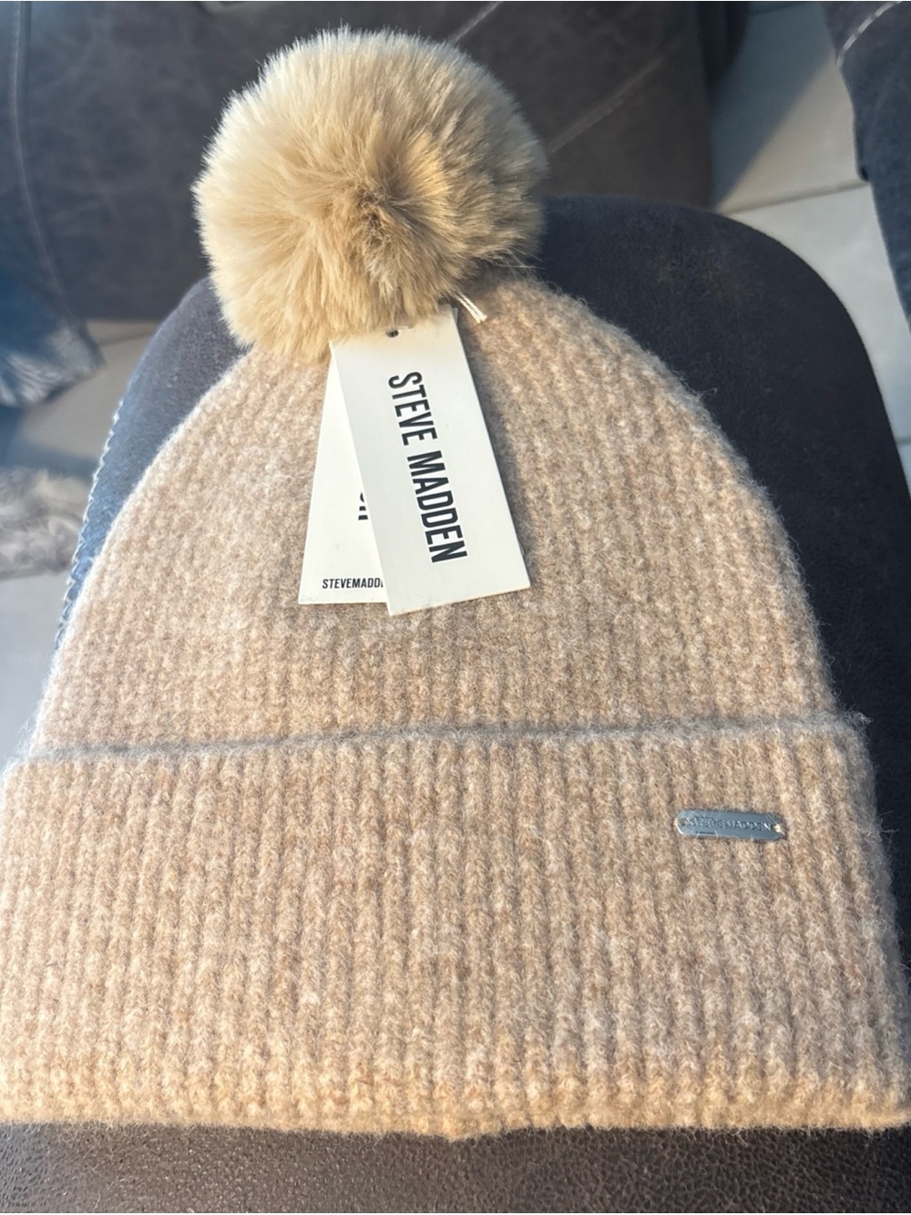 Steve Madden Women's Wide Cuff Beanie with Pom